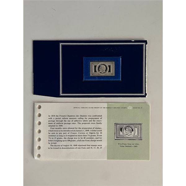 Franklin Mint Sterling Silver 1869 France Stamp Plaque Badge Worlds Greatest Stamps Issue NO 27