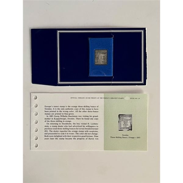 Franklin Mint Sterling Silver 1855 Sweden Stamp Plaque Badge Worlds Greatest Stamps Issue NO 14