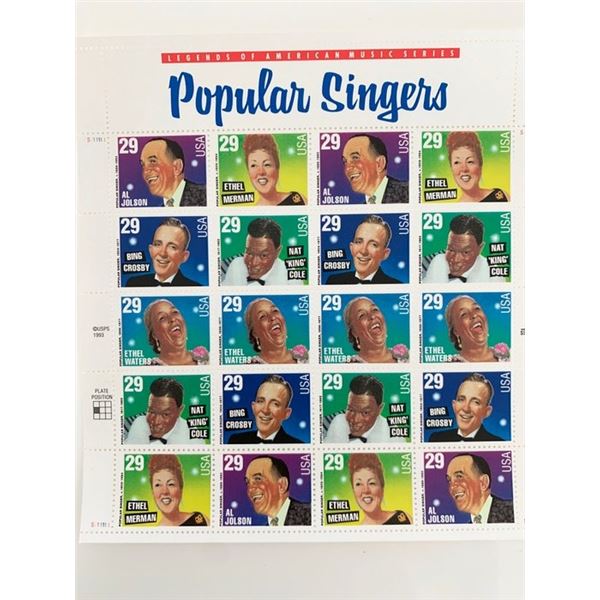 USPS Popular Singers Sheet of Twenty 29 Cent Stamps Scott 2849-2853