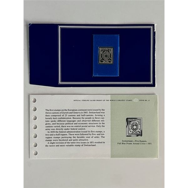 Franklin Mint Sterling Silver 1851 Switzerland Stamp Plaque Badge