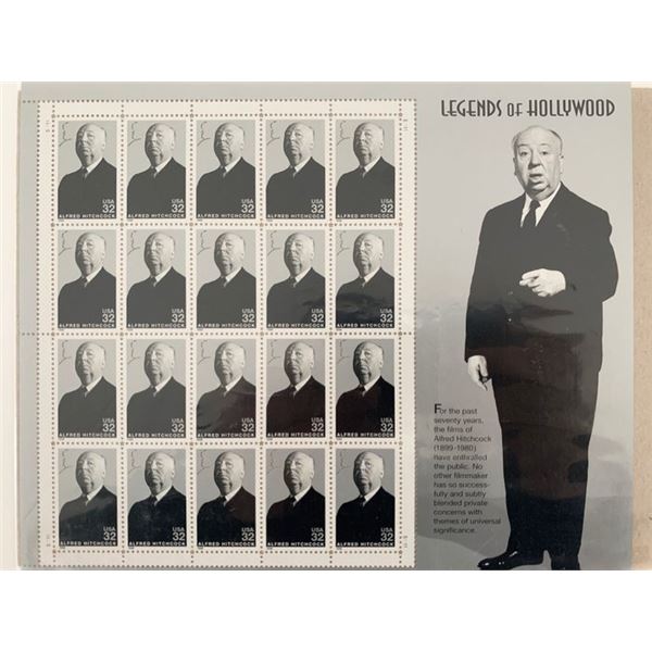 Alfred Hitchcock: Legends of Hollywood, Full Sheet of 20 x 32-Cent Postage Stamps, USA 1998, Scott 3