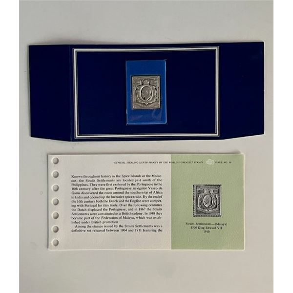 Franklin Mint Sterling Silver 1910 Straits Settlements Malaya Stamp Plaque Badge Worlds Greatest Sta