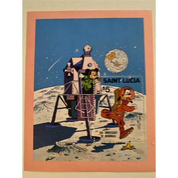 1980 Saint Lucia Disney souvenir sheet commemorating the 10th anniversary of the moon landing