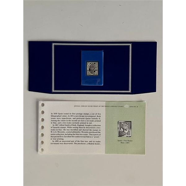 Franklin Mint Sterling Silver 1851 Spain Stamp Plaque Badge Worlds Greatest Stamps Issue NO 28