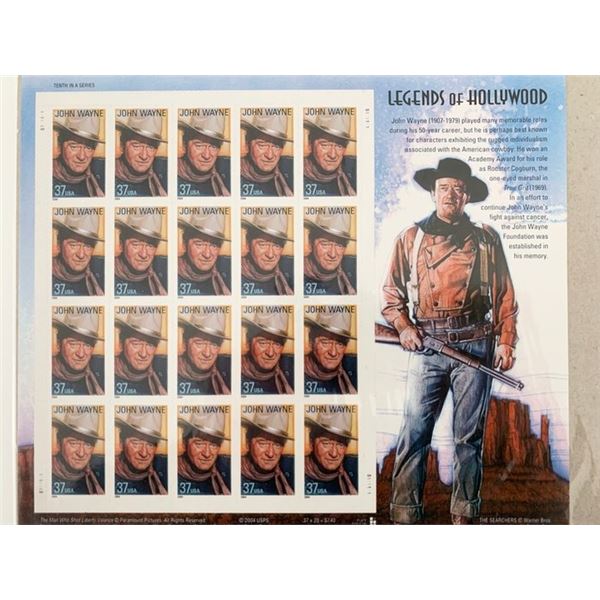John Wayne, Legends Of Hollywood, Full Sheet of 20 x 37-Cent Postage Stamps, USA 2004, Scott 3876