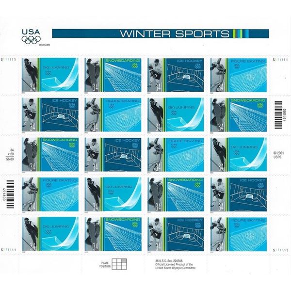 US Olympics Winter Sports stamp sheet 20 x 34 cent stamps