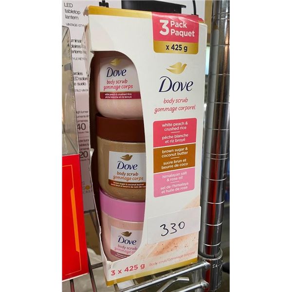 3 TINS OF DOVE BODY SCRUB