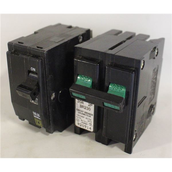 2 X SQUARE D DOUBLE POLE 30  AMP CIRCUIT BREAKERS