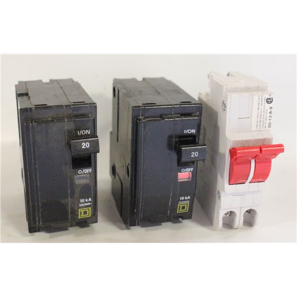 3 X SQUARE D DOUBLE POLE 20 AMP CIRCUIT BREAKERS