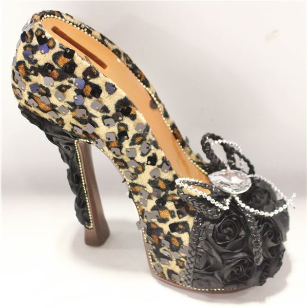 LEOPARD PRINT HIGH HEEL NOVELTY COIN BANK 7"