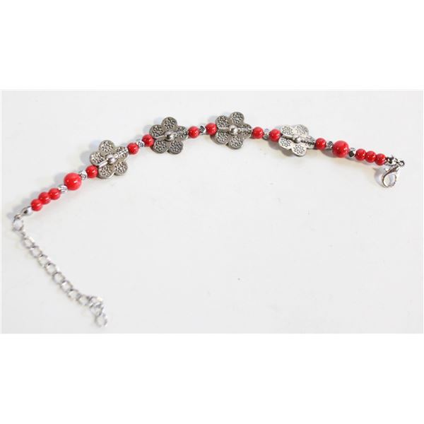 RED BEAD FLOWER CHARMS LOBSTER CLAW