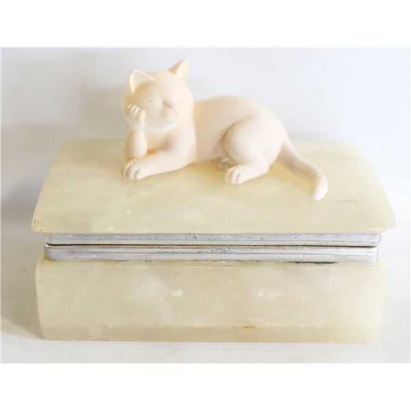 ITALY ALABASTER TRINKET BOX WITH CAT ON LID