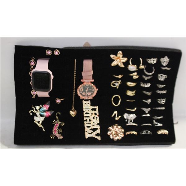 TRAY W/ BROOCH AND BRACELETS  RINGS AND WATCHES