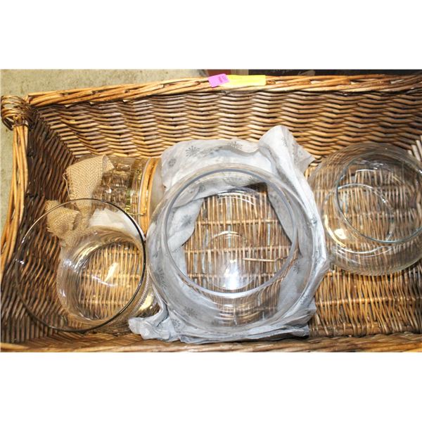 BASKET OF GLASS VASE, BOWLS AND CONTAINER