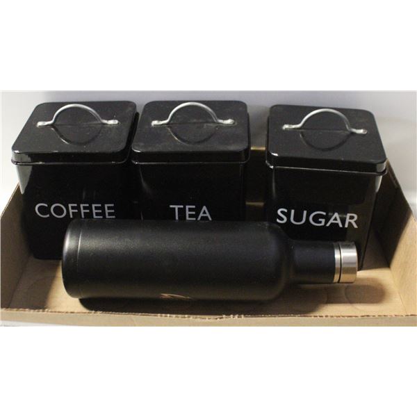 MCM COFFEE, TEA & SUGAR BLACK CANISTERS