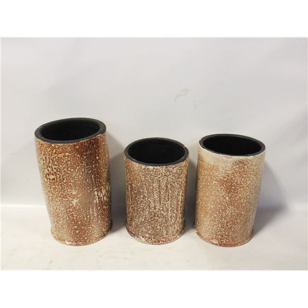SET OF 3 DUAL USE VASES OR STANDS, BROWN CERAMIC