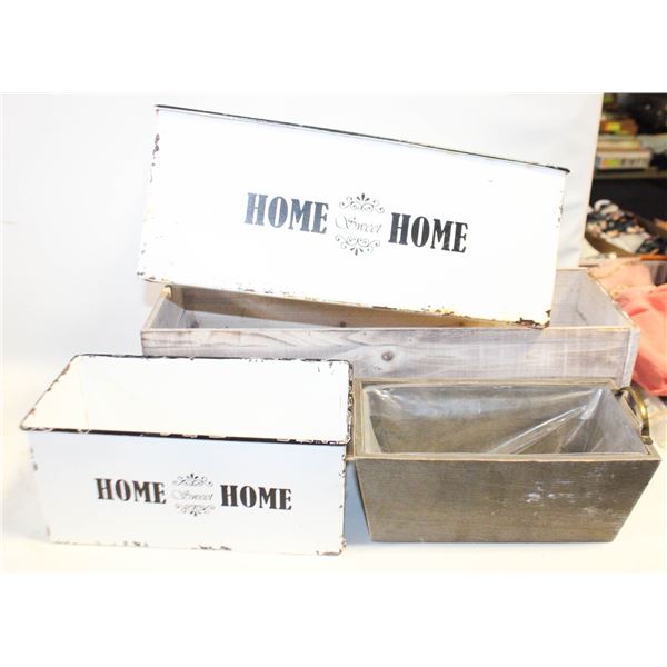 4 GARDENING ENAMEL & WOOD BOXES