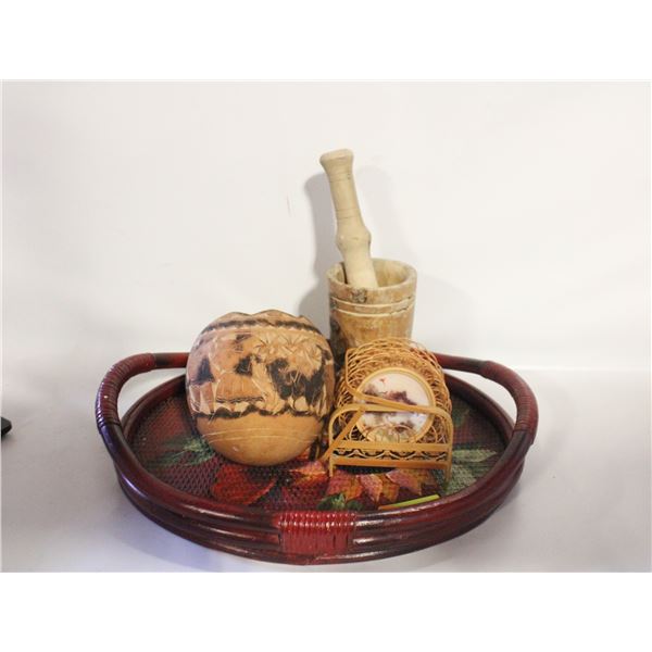 WOOD AND WICKER: TRAY, GOURD, SET OF