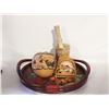 Image 1 : WOOD AND WICKER: TRAY, GOURD, SET OF