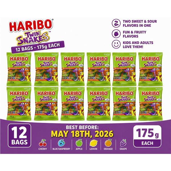 CASE WITH 12 175G BAGS OF HARIBO TWIN SNAKES
