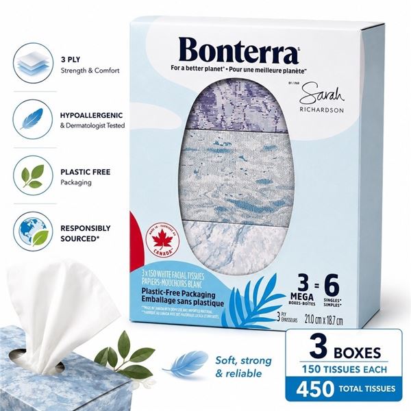BONTERRA 3 PLY FACIAL TISSUES 3 MEGA BOXES