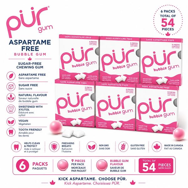 6 PUR BUBBLE GUM ASPARTAME FREE 9 PIECES PACK