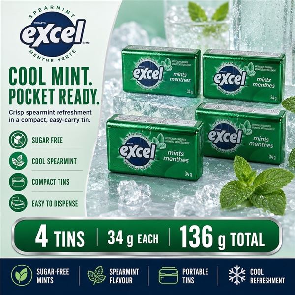 4 EXCEL SPEARMINT MINTS 34G