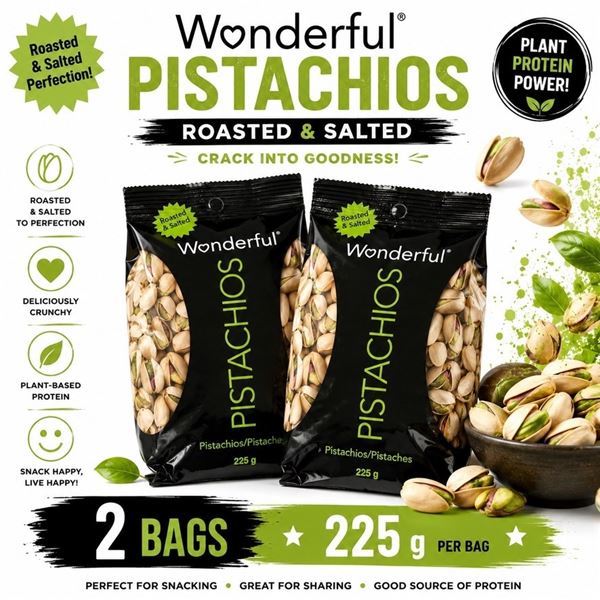 2 WONDERFUL SALTED PISTACHIOS 225G BB 12/26