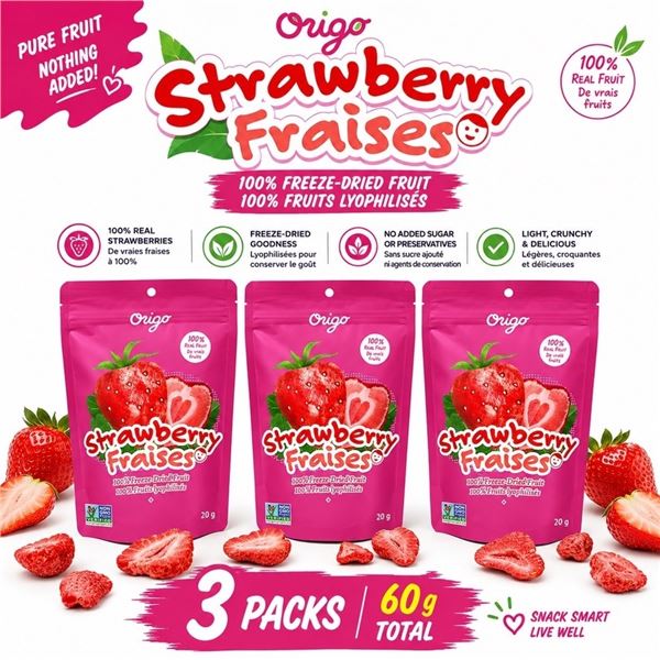 3 ORIGO FREEZE DRIED STRAWBERRIES 20G BB 02/27