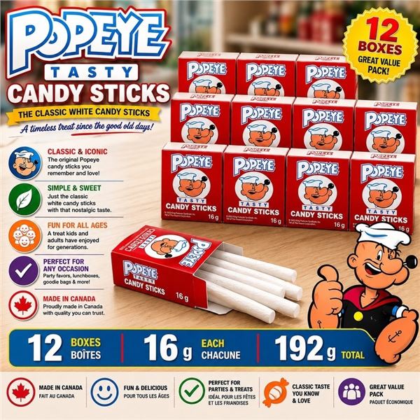 12 POPEYE TASTY CANDY STICKS 16G BB 07/28