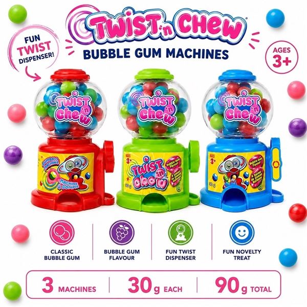 3 TWIST N CHEW MINI GUMBALL MACHINES 30G