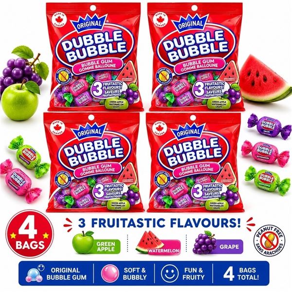 4 DUBBLE BUBBLE FRUIT FLAVOUR GUM BAGS 113G
