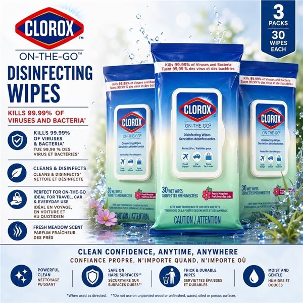 3 CLOROX ON-THE-GO DISINFECTING WIPES 30 PACK