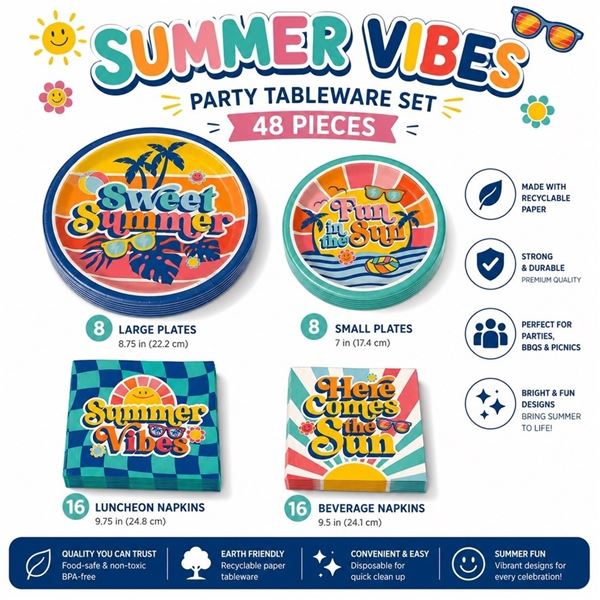 SUMMER VIBES PARTY TABLEWARE SET 48 PCS