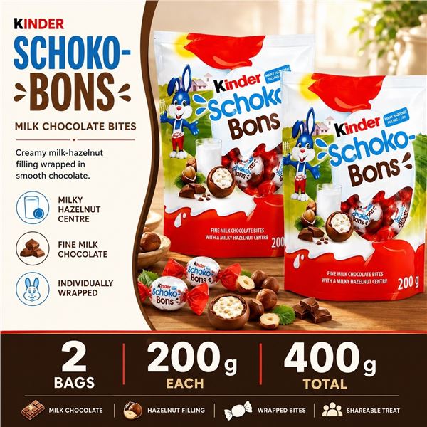 2 KINDER SCHOKO BONS CHOCOLATE 200G BB 09/26