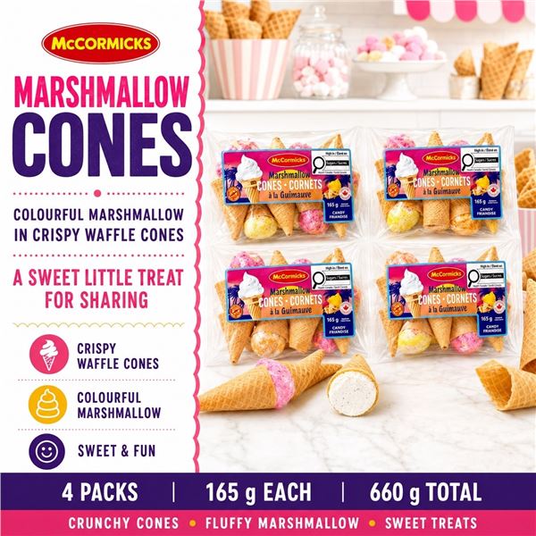 4 MCCORMICKS MARSHMALLOW CONES 165G BAGS