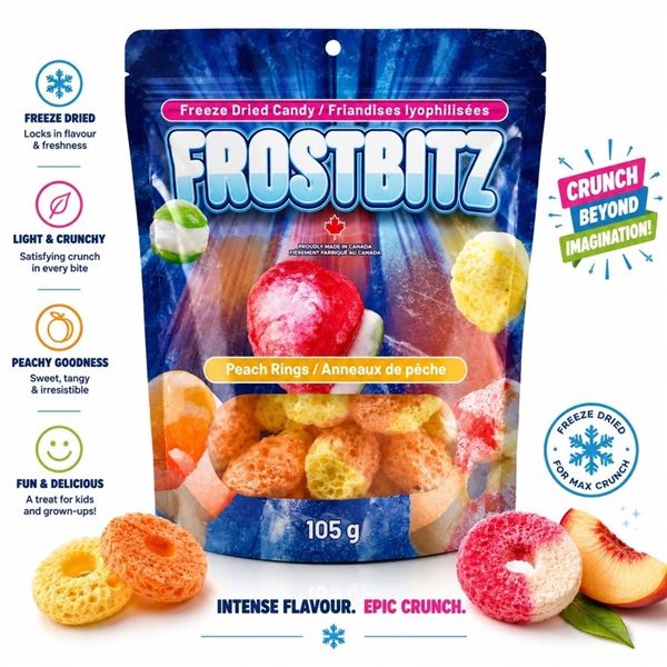 FROSTBITZ FREEZE DRIED PEACH RINGS 105G BB 08/27