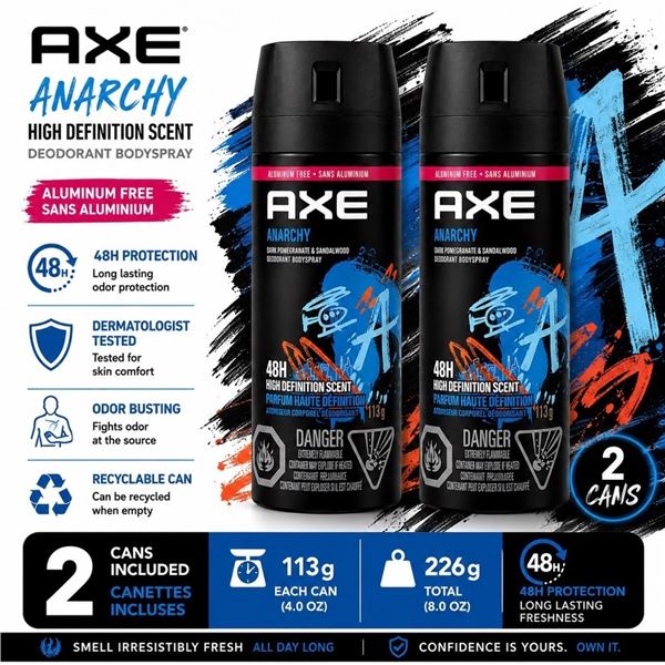 2 AXE ANARCHY DEODORANT BODY SPRAY 113G