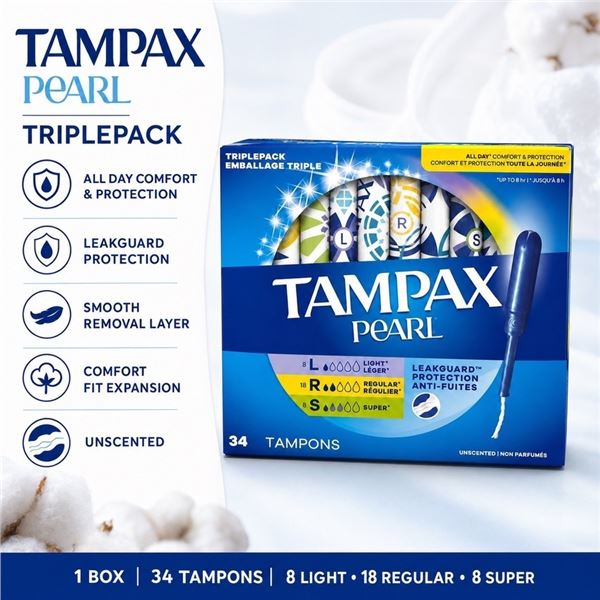 TAMPAX PEARL 34 CT TAMPONS L/R/S VARIETY