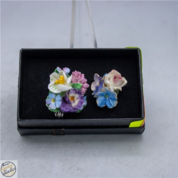 2 VINTAGE BONE CHINA BROOCHES FLOWERS ONE STAMPED