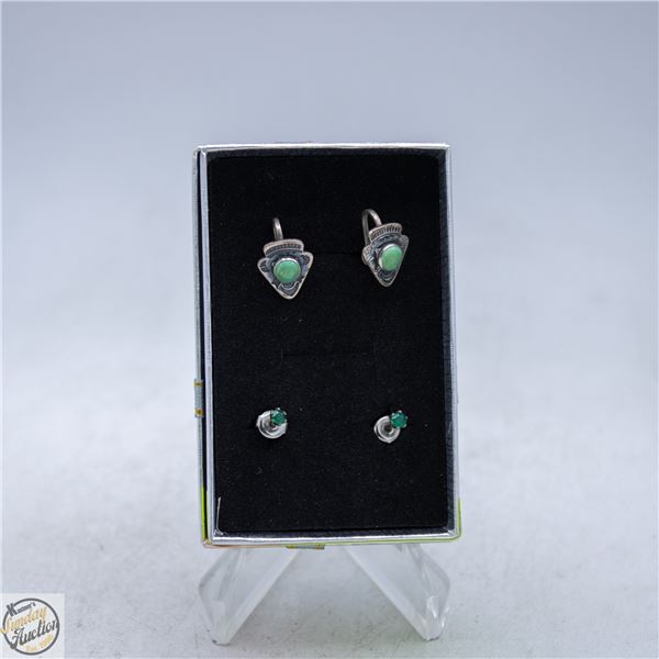 2 STERLING SILVER EARRINGS TURQUOISE & CUBIC