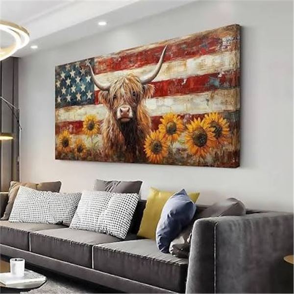 NEW HIGHLAND COW AND SUNFLOWERS WITH AMERICAN FLAG