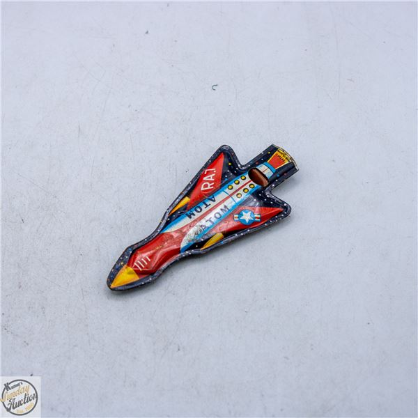 VINTAGE TIN LITHO ROCKET PENNY TOY WHISTLE