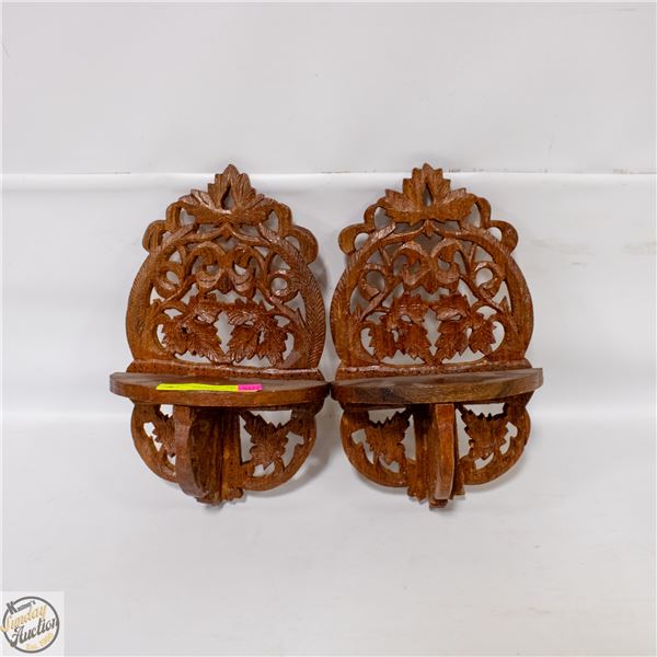 PAIR SMALL VINTAGE CARVED WOODEN TRINKET SHELVES