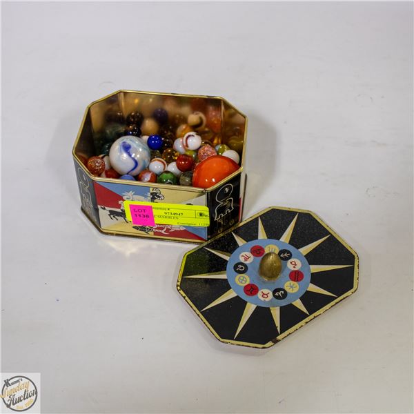 COLLECTABLE TIN WITH VINTAGE MARBLES
