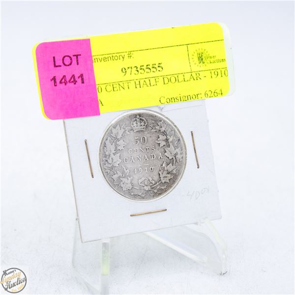 COIN - 50 CENT HALF DOLLAR - 1910 CANADA