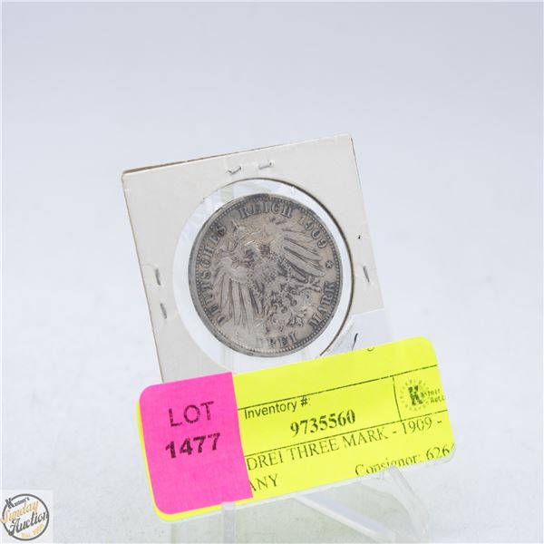 COIN - DREI THREE MARK - 1909 - GERMANY