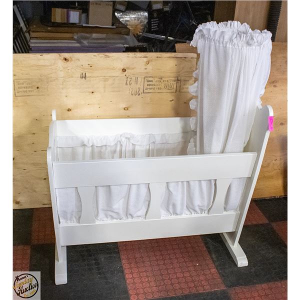 VINTAGE WHITE WOODEN DOLL CRADLE WITH PROMINENT