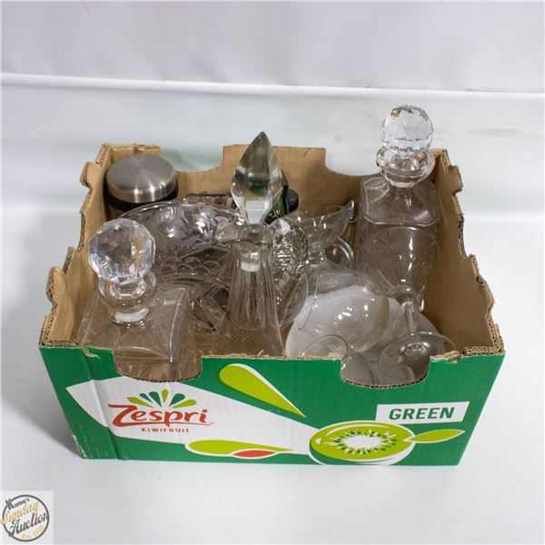 BOX OF CRYSTAL WINE DECANTERS, ETC