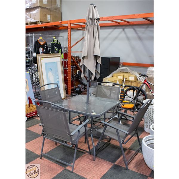 GLASS PATIO TABLE AND 4 FOLDABLE CHAIRS